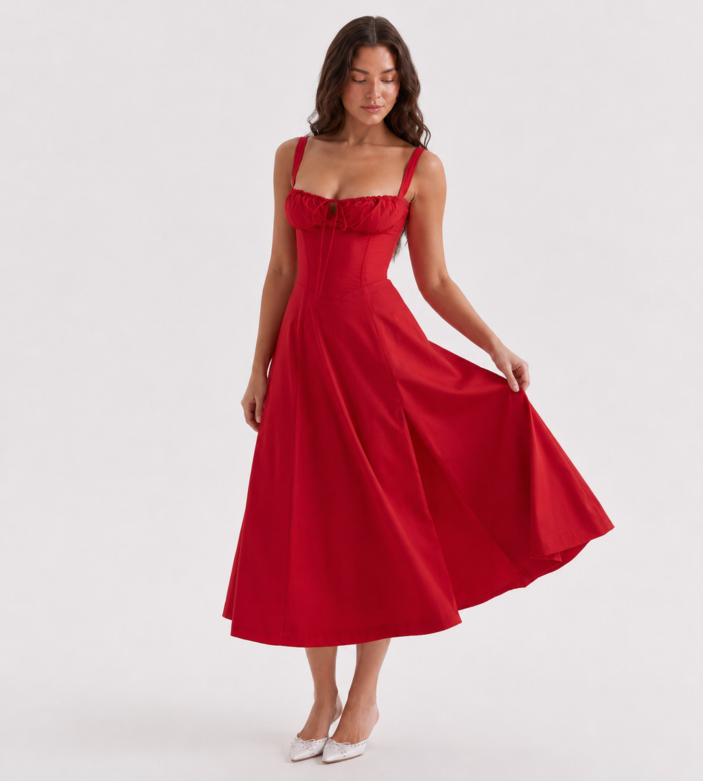 Marielle Ruched Corset Midi Dress - Red