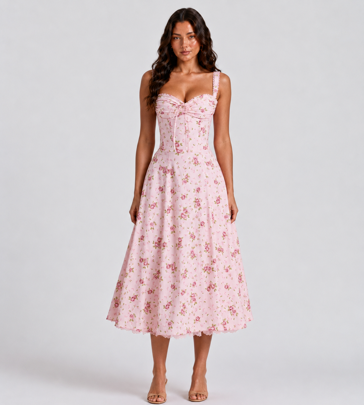 Rosalie Floral Corset Midi Dress - Pink