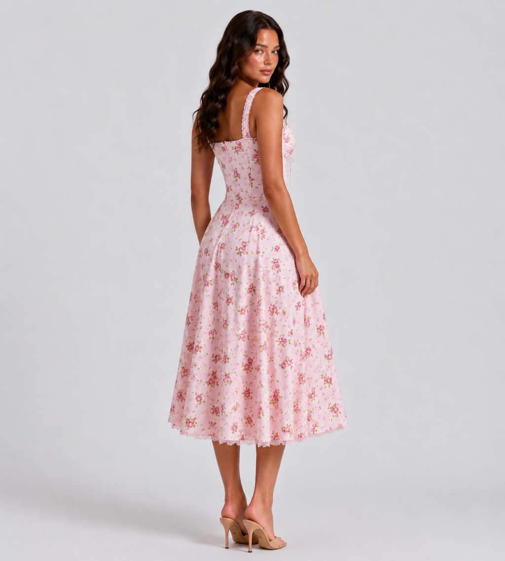 Rosalie Floral Corset Midi Dress - Pink