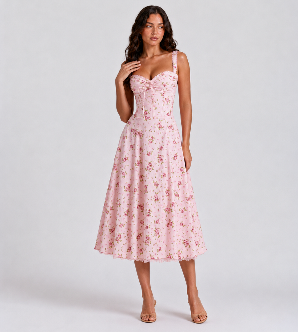 Rosalie Floral Corset Midi Dress - Pink