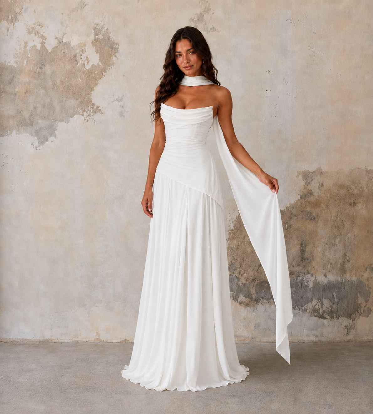 Delphine Scarf-Drape Corset Maxi Dress - White