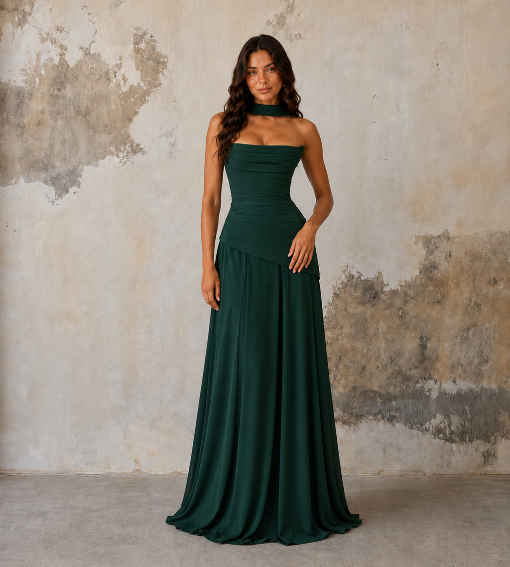 Delphine Scarf-Drape Corset Maxi Dress - Forest Green