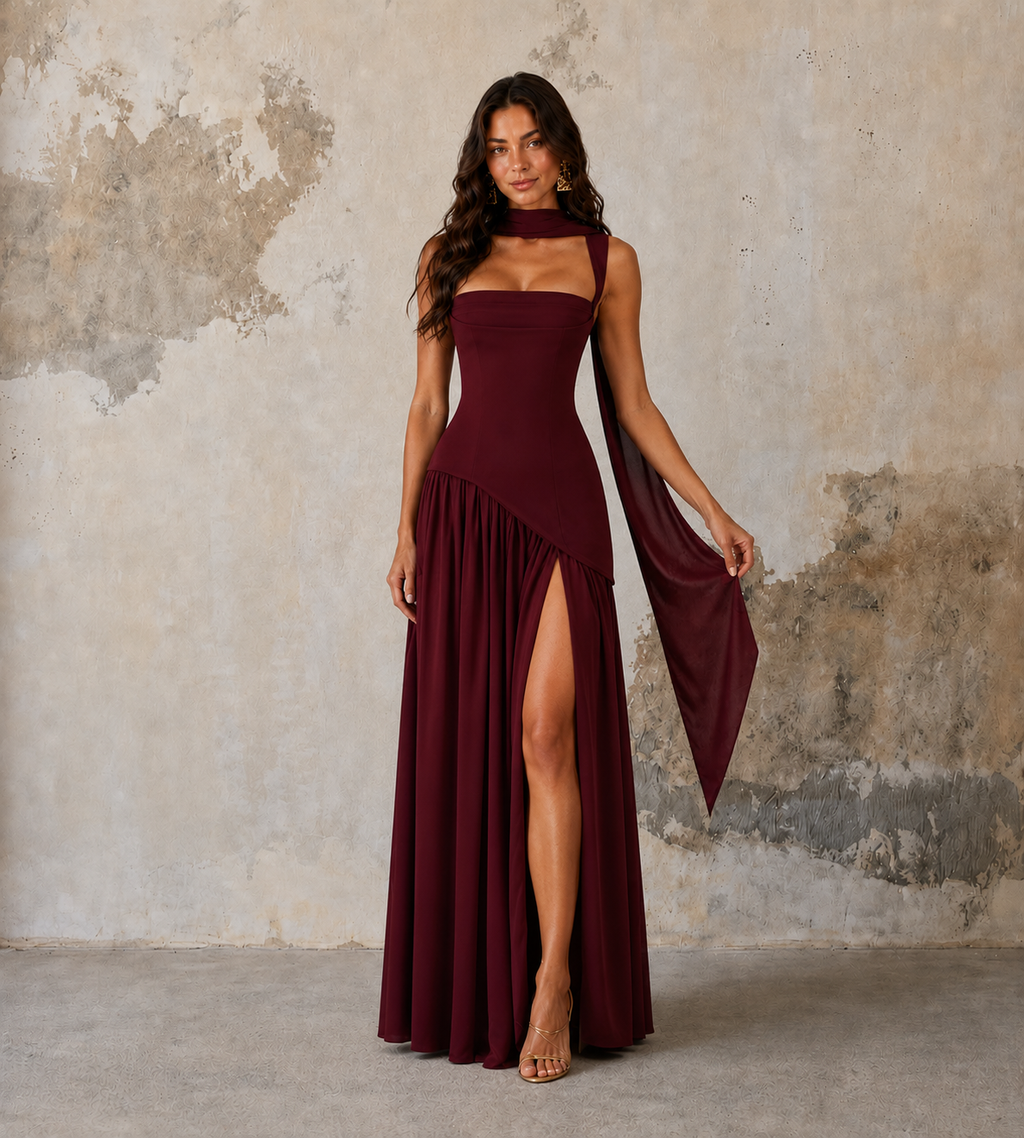 Vivienne Draped Slit Maxi Dress - Wine Red