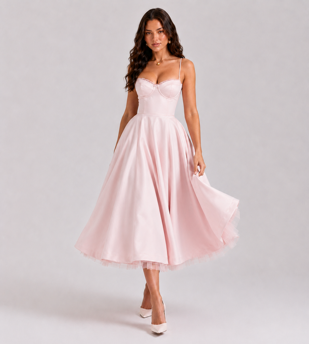 Odette Tulle Corset Midi Dress - Pink