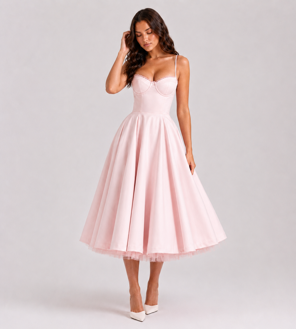 Odette Tulle Corset Midi Dress - Pink