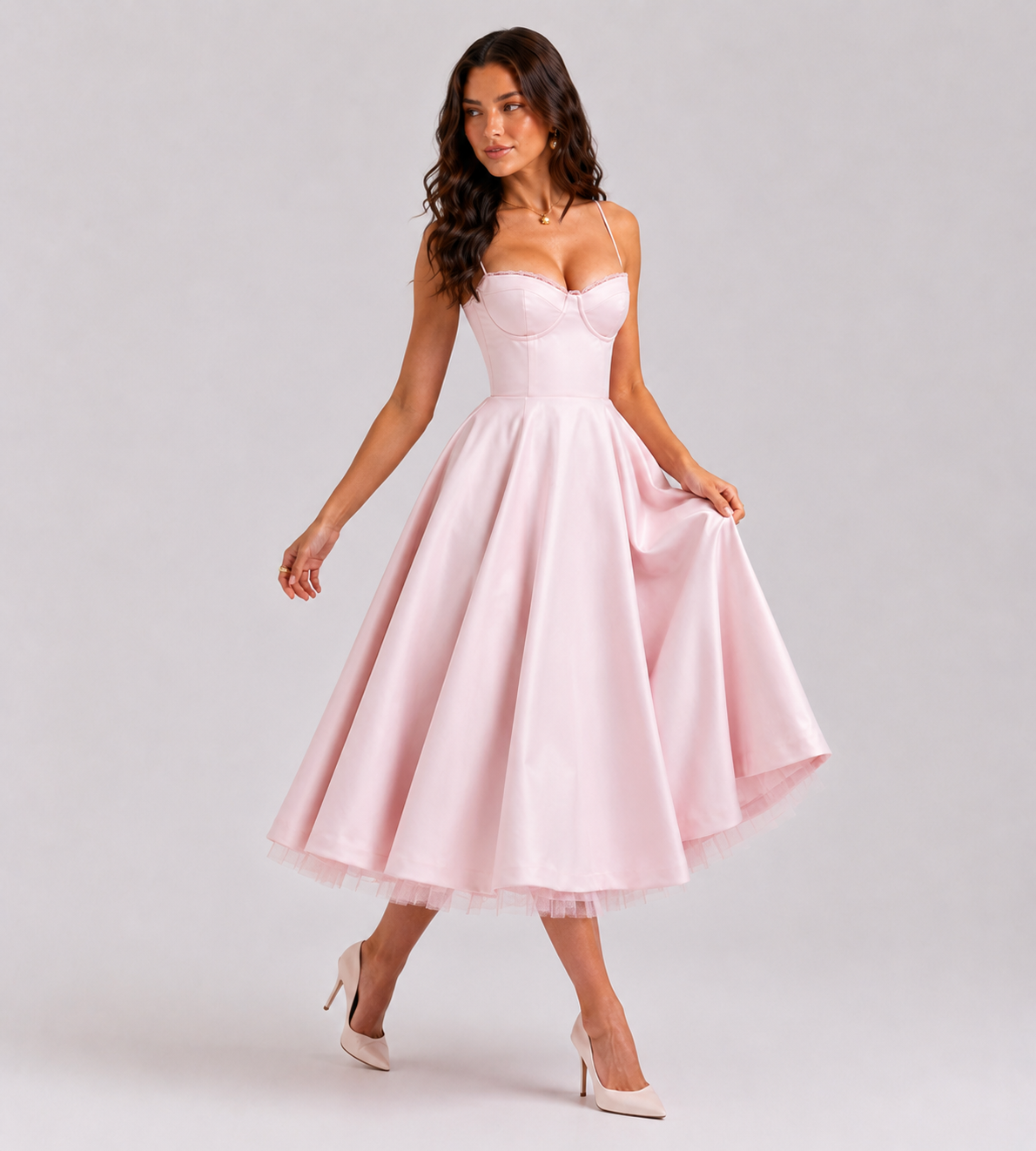 Odette Tulle Corset Midi Dress - Pink