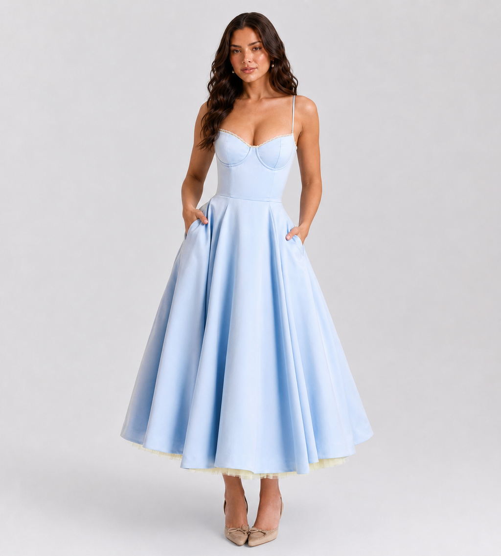 Odette Tulle Corset Midi Dress - Blue