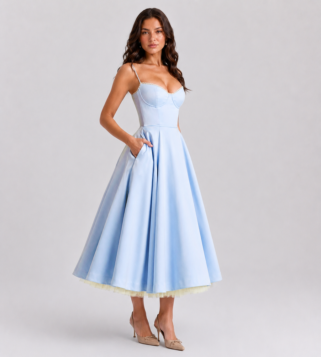Odette Tulle Corset Midi Dress - Blue