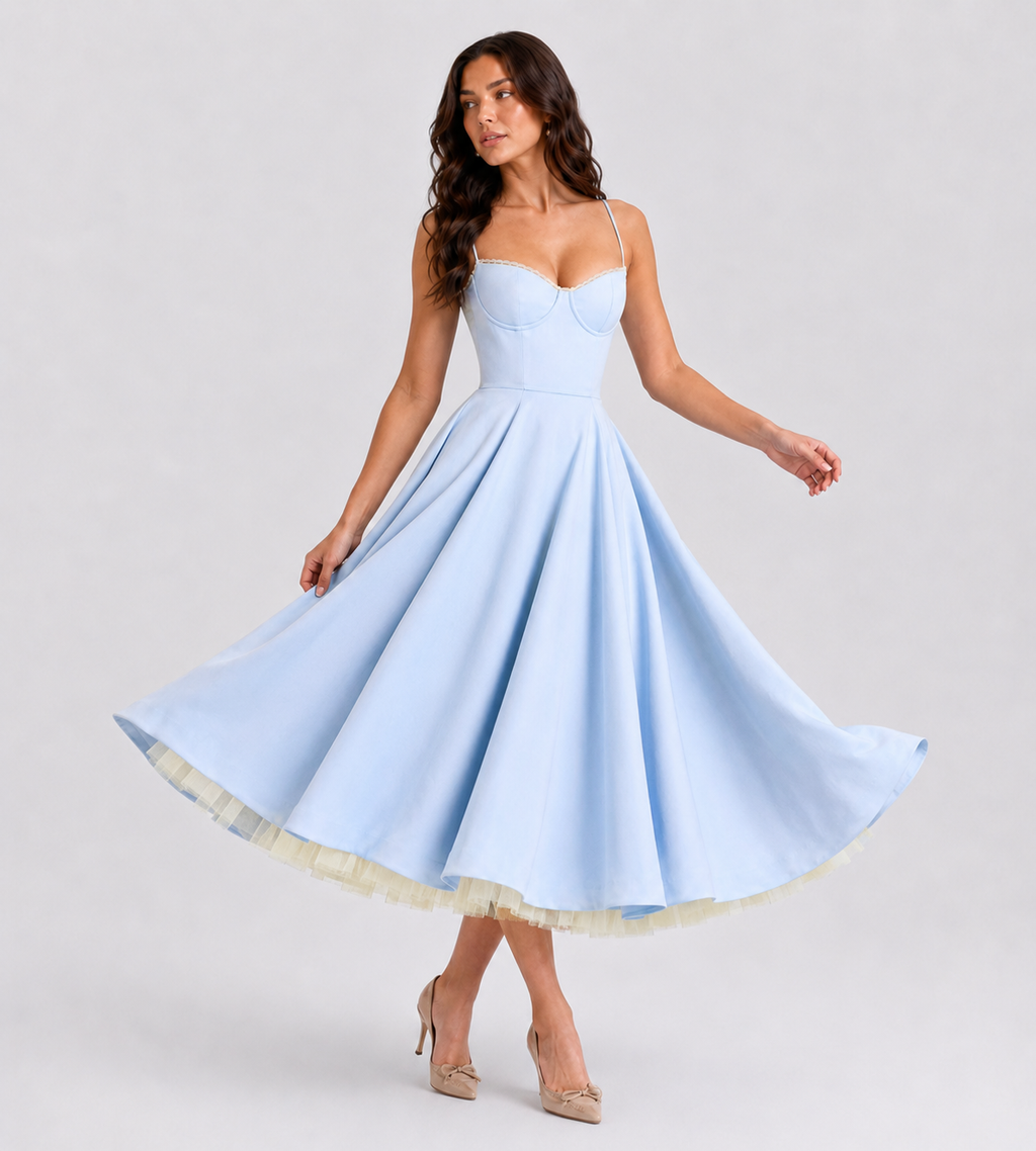 Odette Tulle Corset Midi Dress - Blue