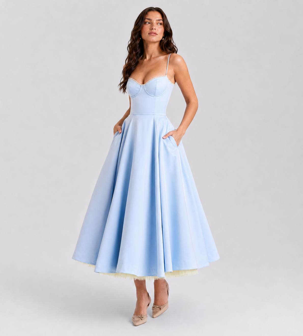 Odette Tulle Corset Midi Dress - Blue