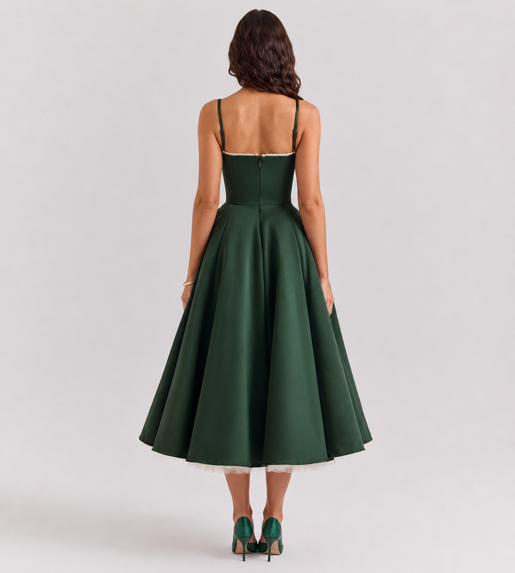 Odette Tulle Corset Midi Dress - Green