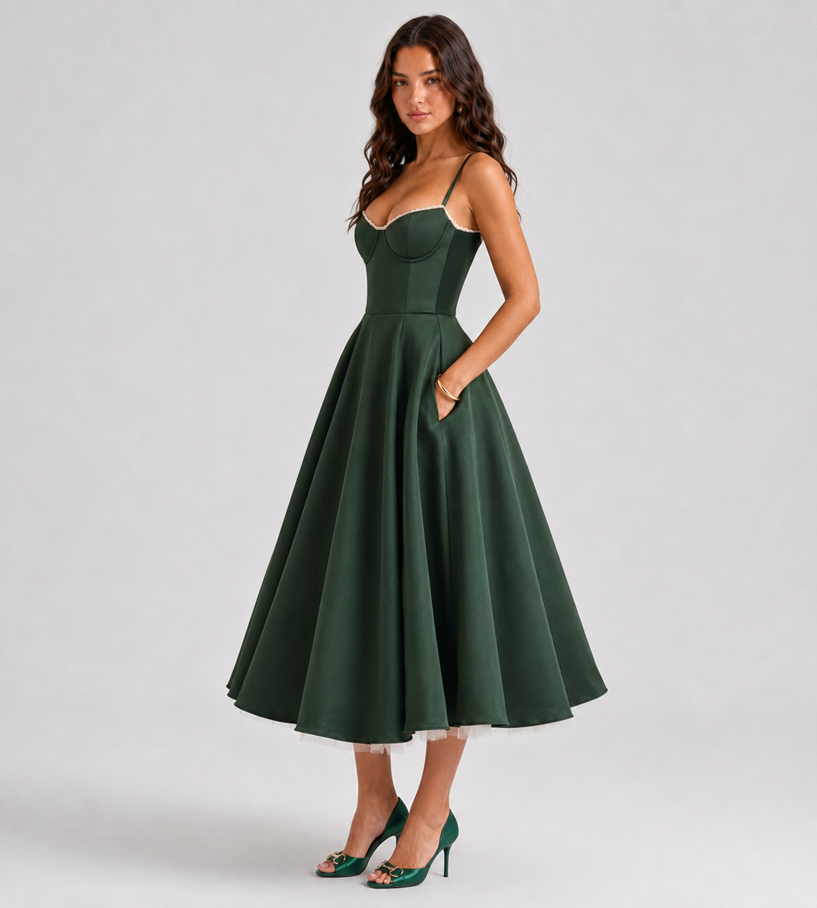Odette Tulle Corset Midi Dress - Green