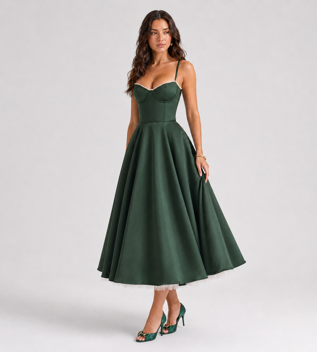 Odette Tulle Corset Midi Dress - Green