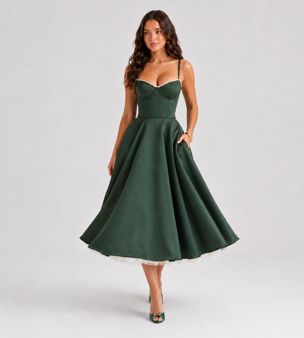 Odette Tulle Corset Midi Dress - Green