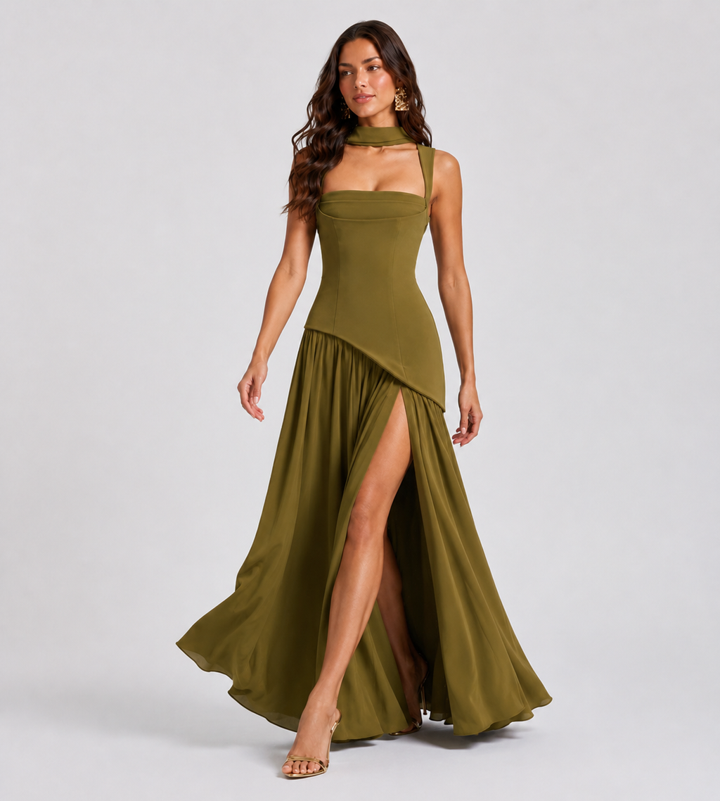 Vivienne Draped Slit Maxi Dress - Olive Green
