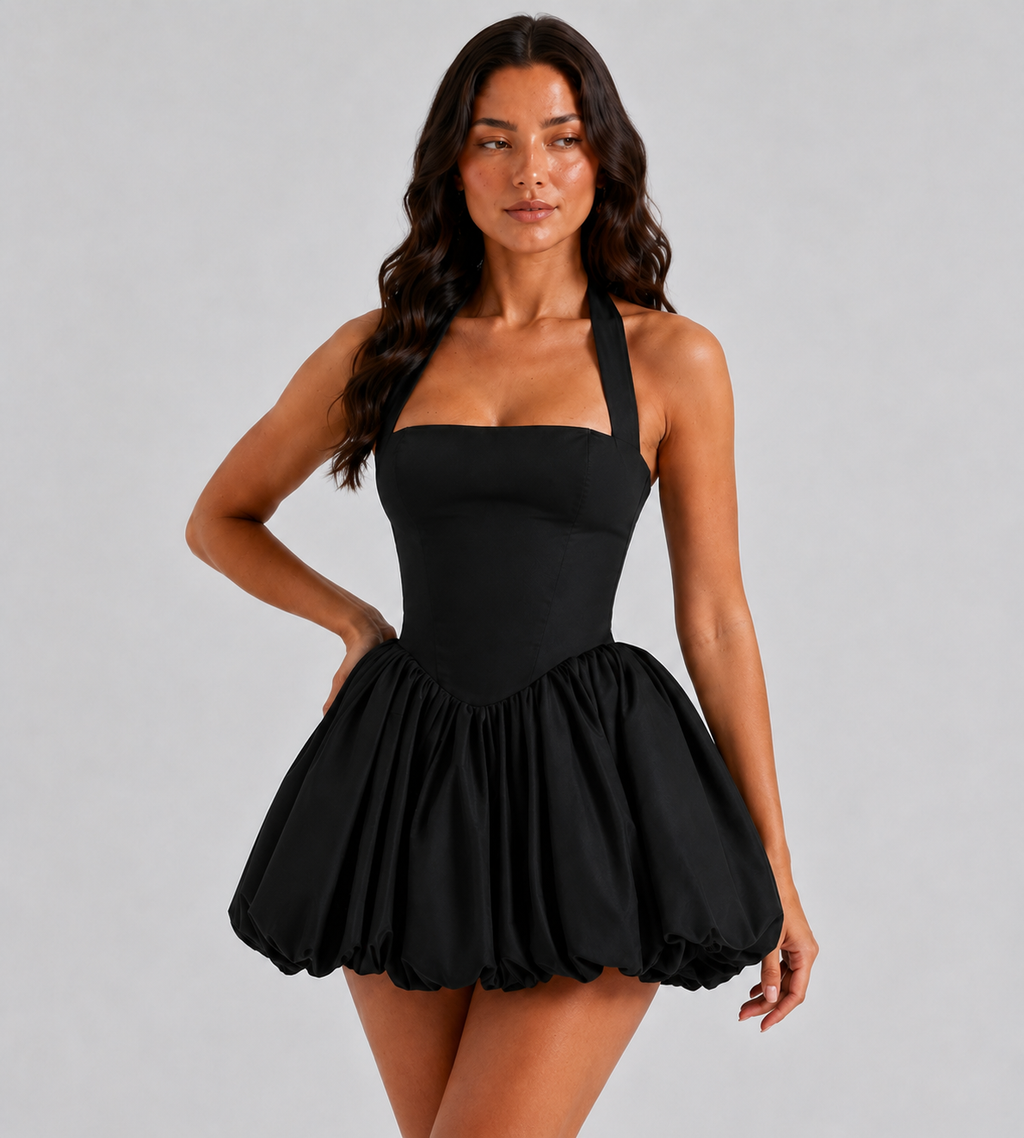 Colette Halter Bubble Mini Dress - Black