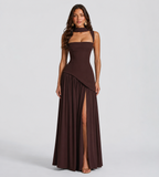 Vivienne Draped Slit Maxi Dress - Mocha Brown