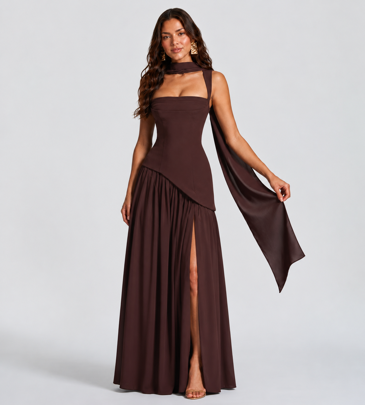 Vivienne Draped Slit Maxi Dress - Mocha Brown