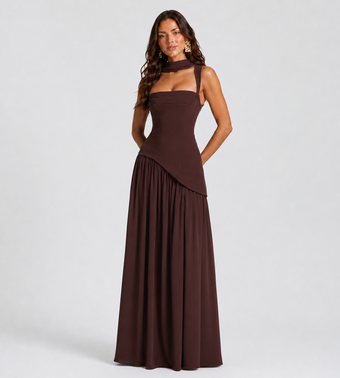 Vivienne Draped Slit Maxi Dress - Mocha Brown