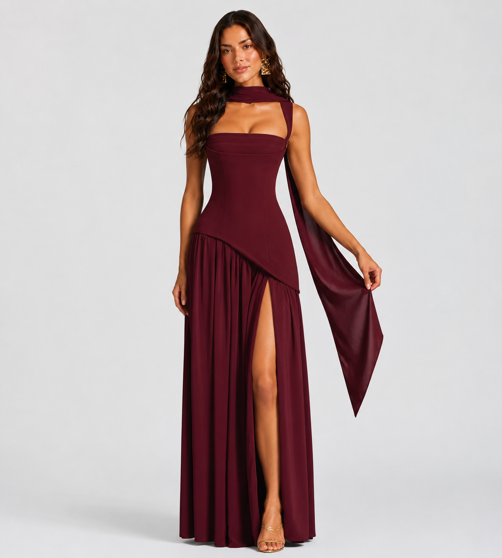 Vivienne Draped Slit Maxi Dress - Wine Red