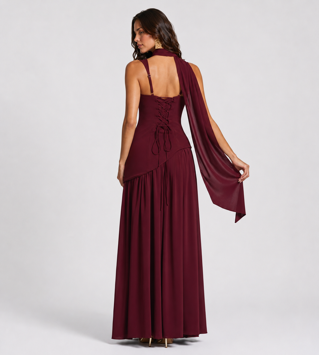 Vivienne Draped Slit Maxi Dress - Wine Red