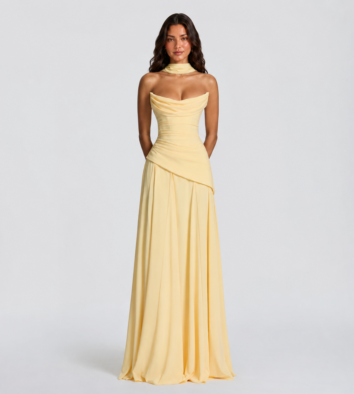 Delphine Scarf-Drape Corset Maxi Dress - Lemon