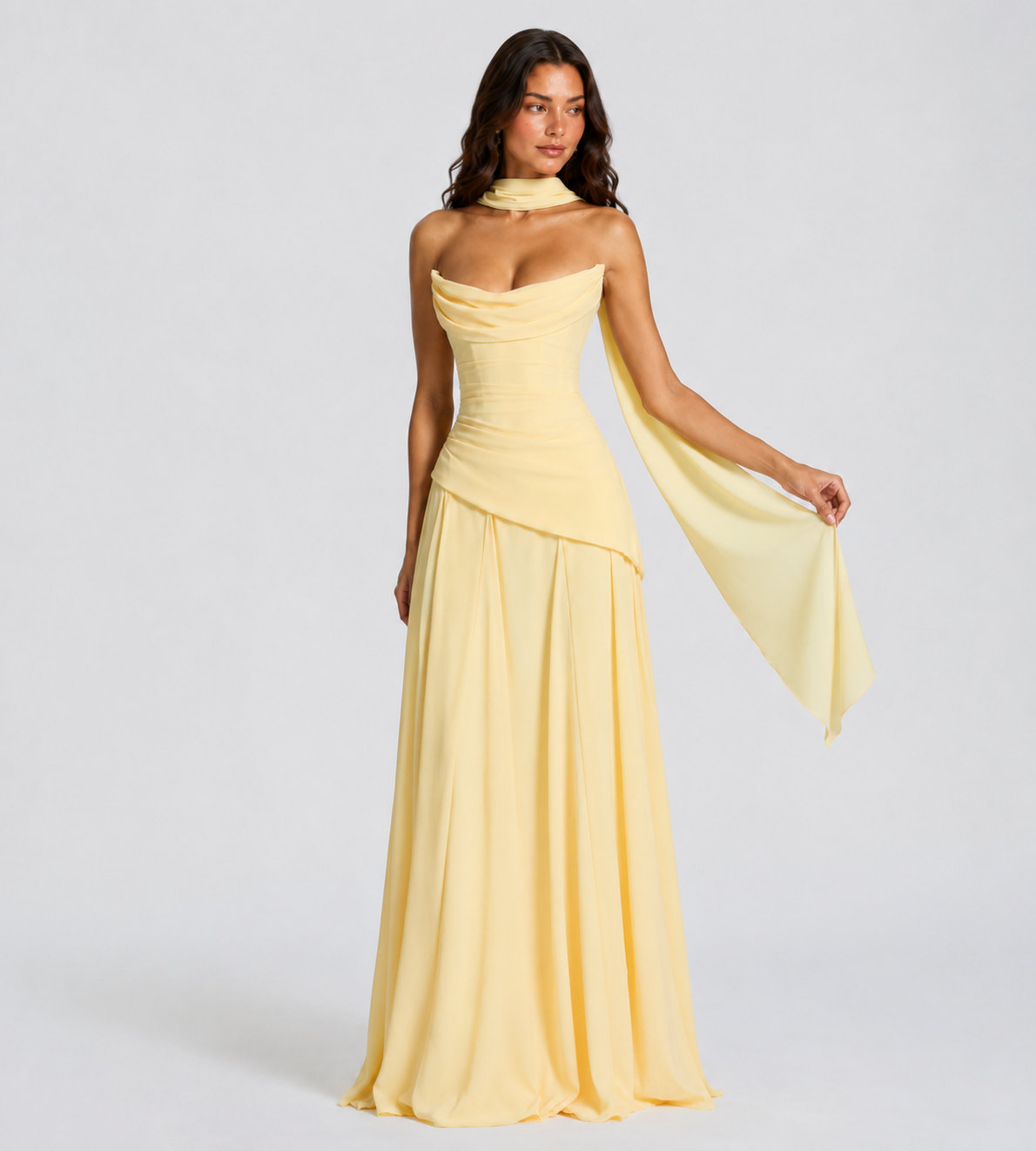 Delphine Scarf-Drape Corset Maxi Dress - Lemon