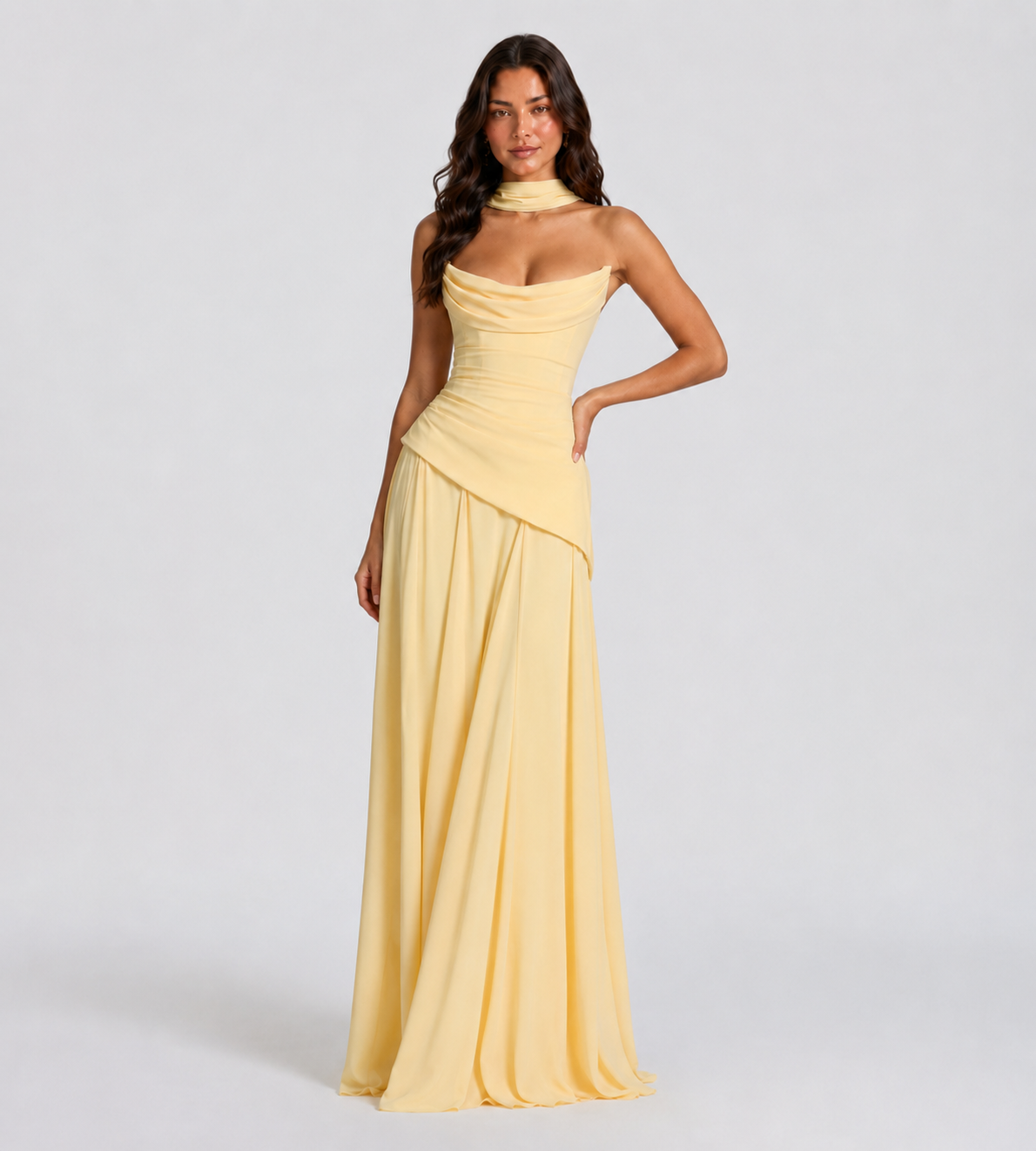 Delphine Scarf-Drape Corset Maxi Dress - Lemon