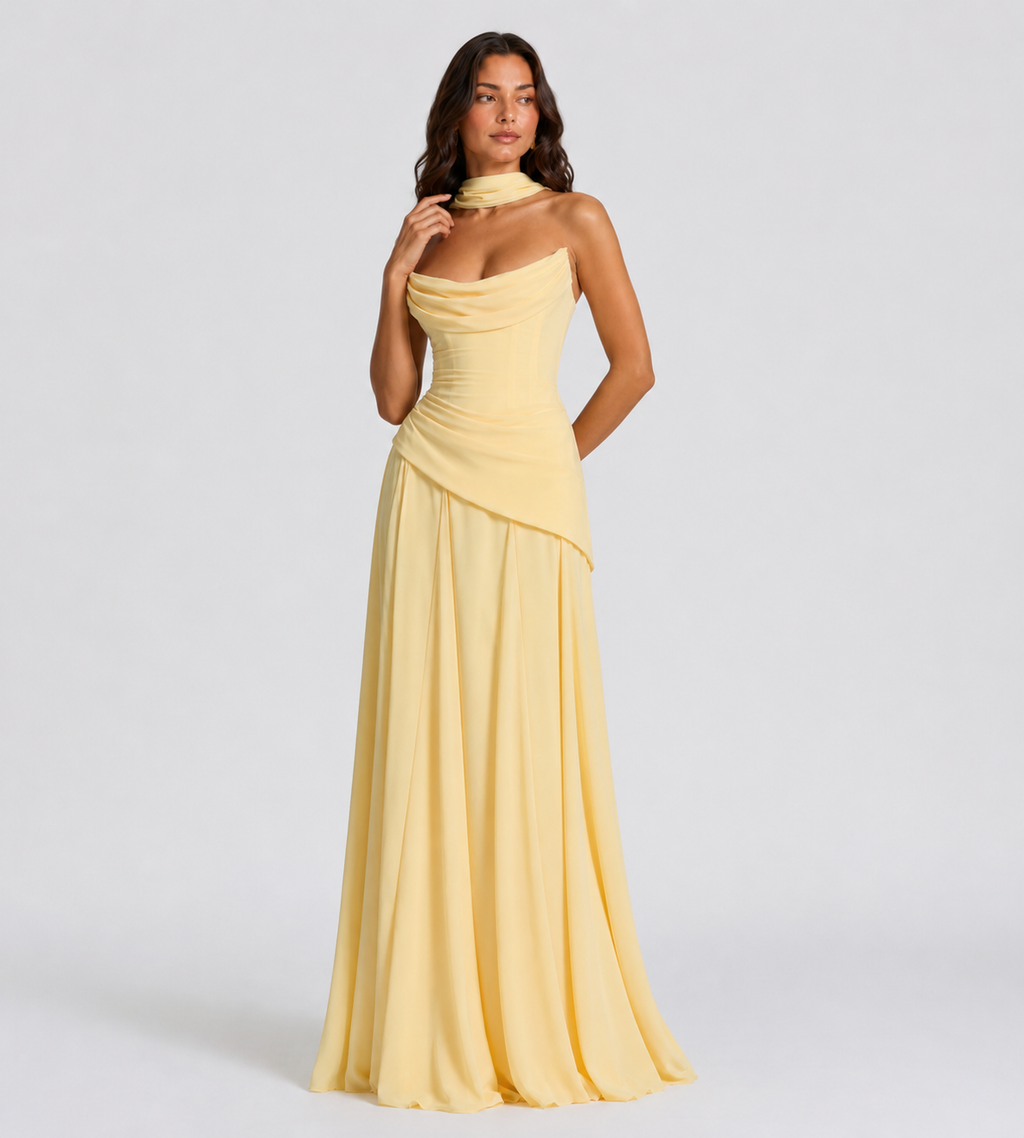 Delphine Scarf-Drape Corset Maxi Dress - Lemon