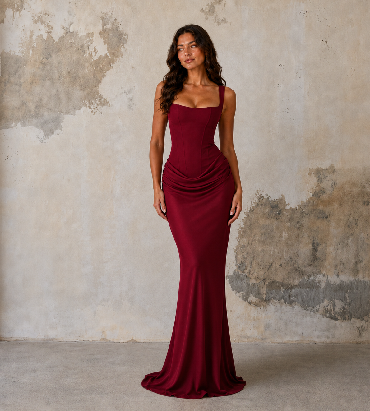 Alessia Cowl-Drape Corset Maxi Dress - Red
