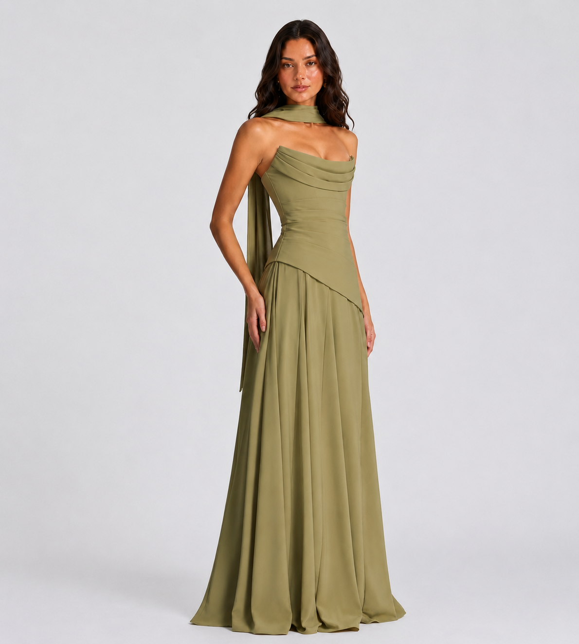 Delphine Scarf-Drape Corset Maxi Dress - Sage Green
