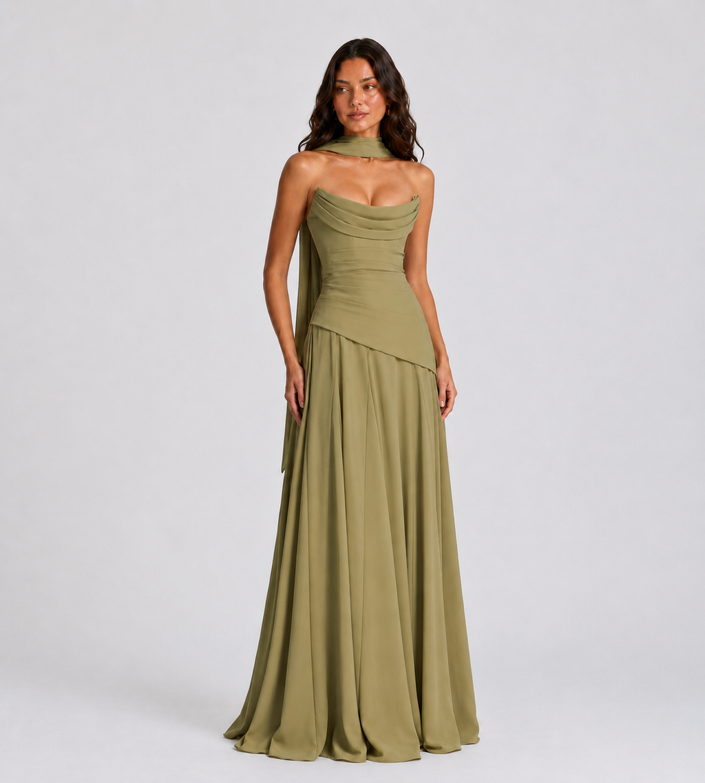 Delphine Scarf-Drape Corset Maxi Dress - Sage Green
