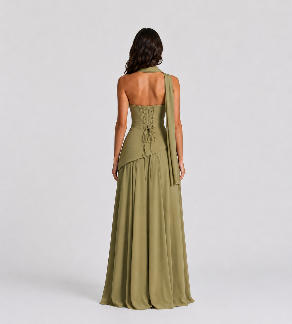Delphine Scarf-Drape Corset Maxi Dress - Sage Green
