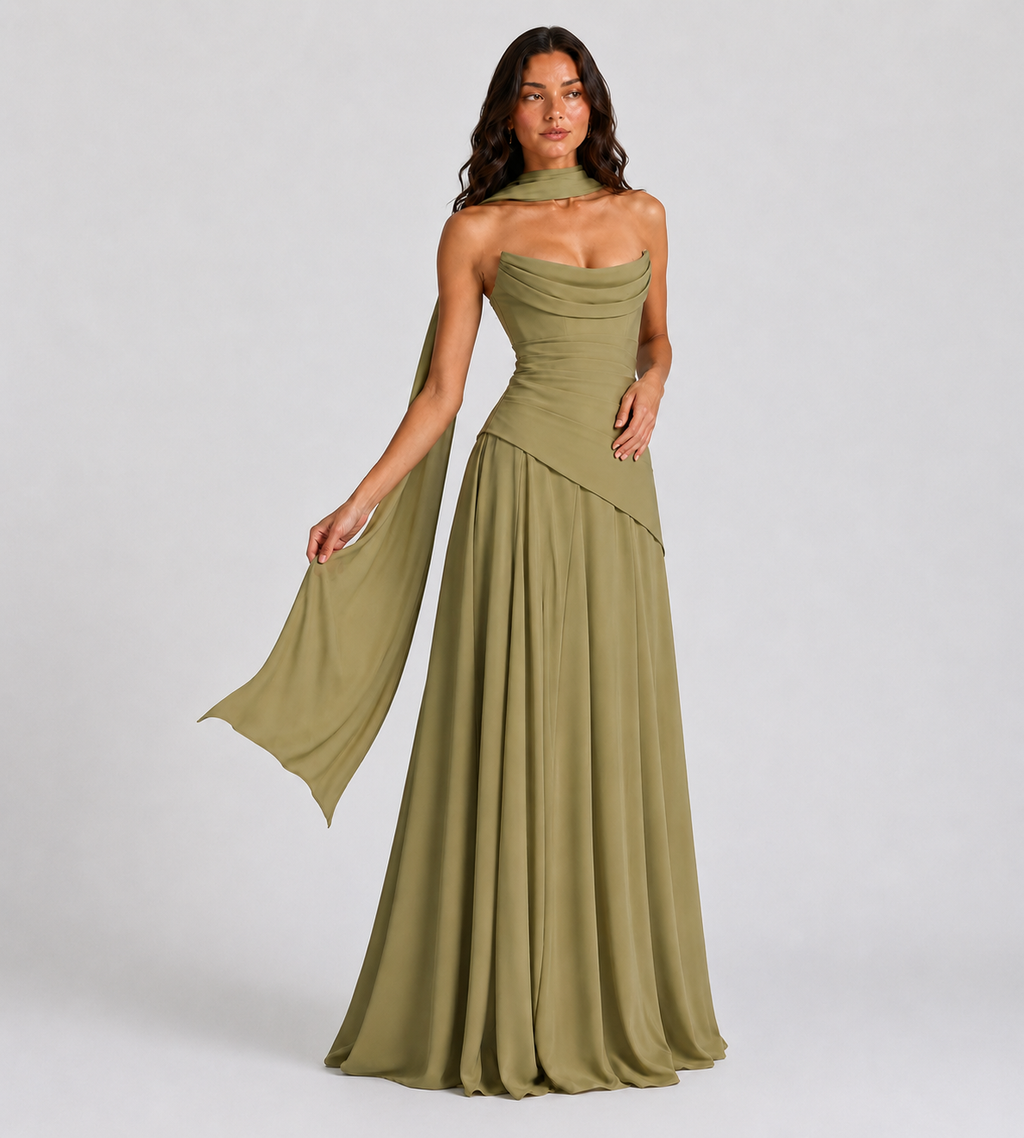 Delphine Scarf-Drape Corset Maxi Dress - Sage Green