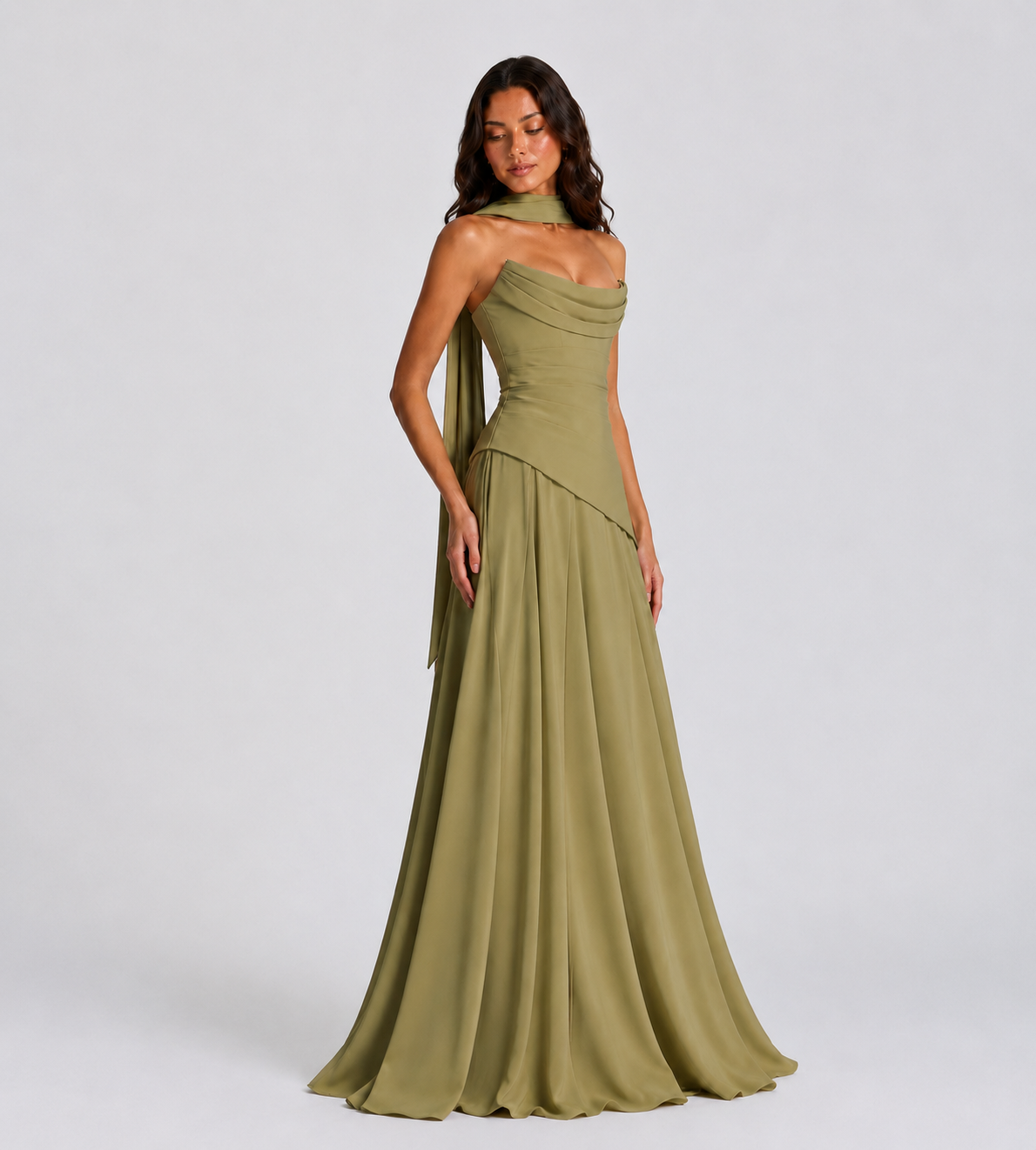 Delphine Scarf-Drape Corset Maxi Dress - Sage Green