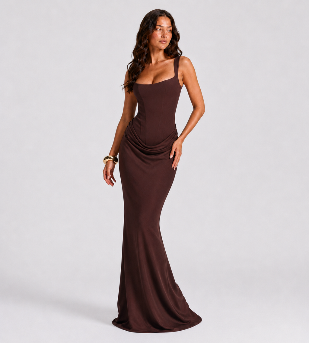 Alessia Cowl-Drape Corset Maxi Dress - Brown