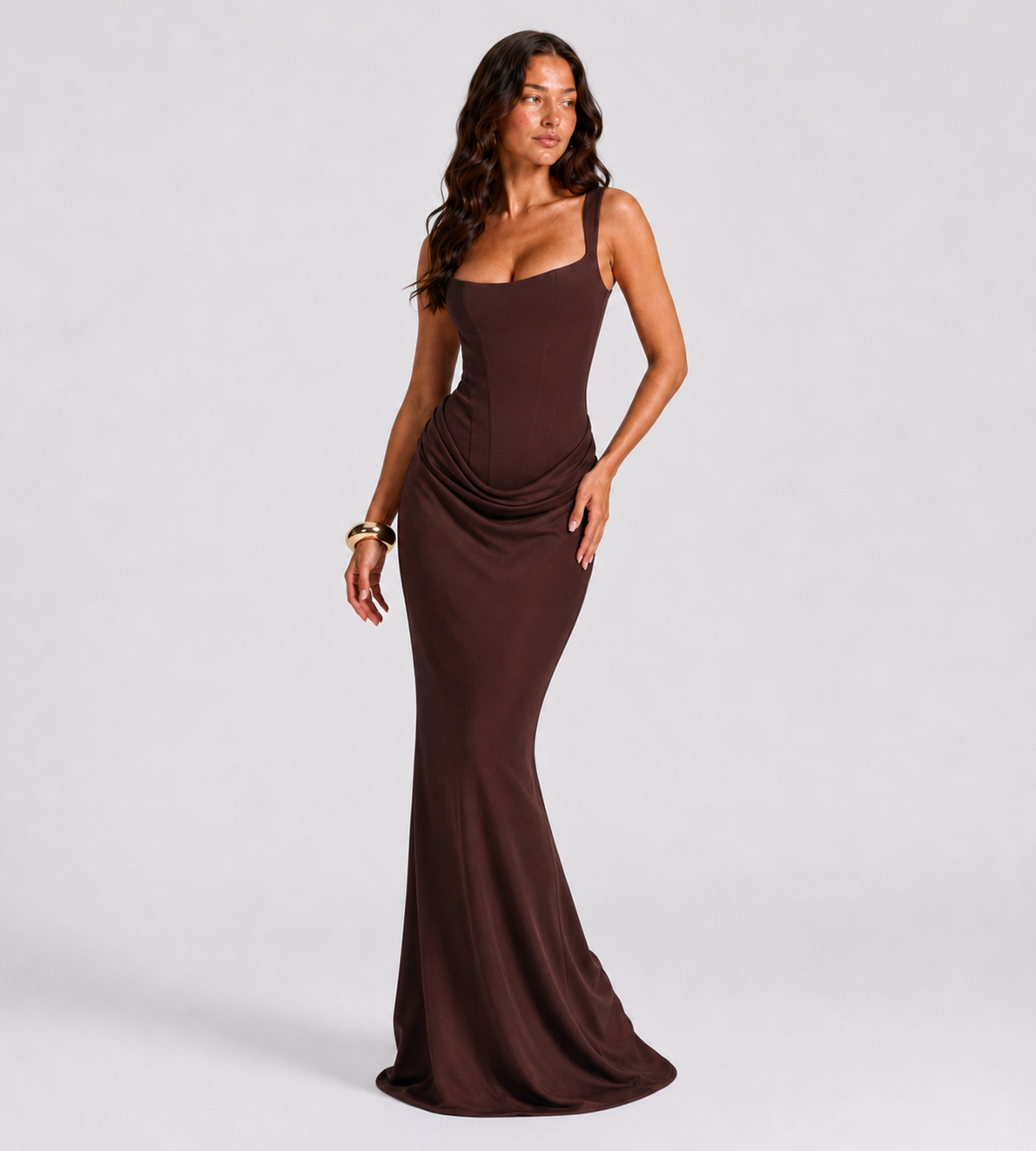 Alessia Cowl-Drape Corset Maxi Dress - Brown