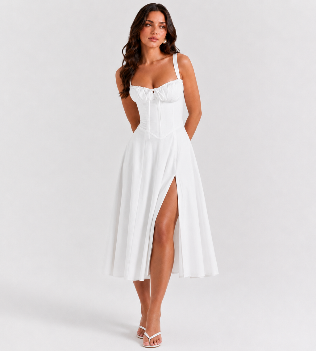 Marielle Ruched Corset Midi Dress - White