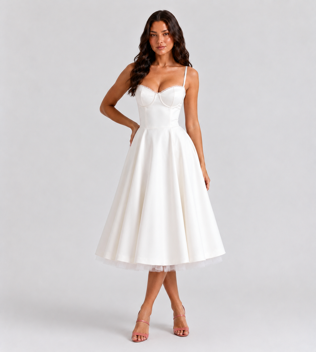 Odette Tulle Corset Midi Dress - White