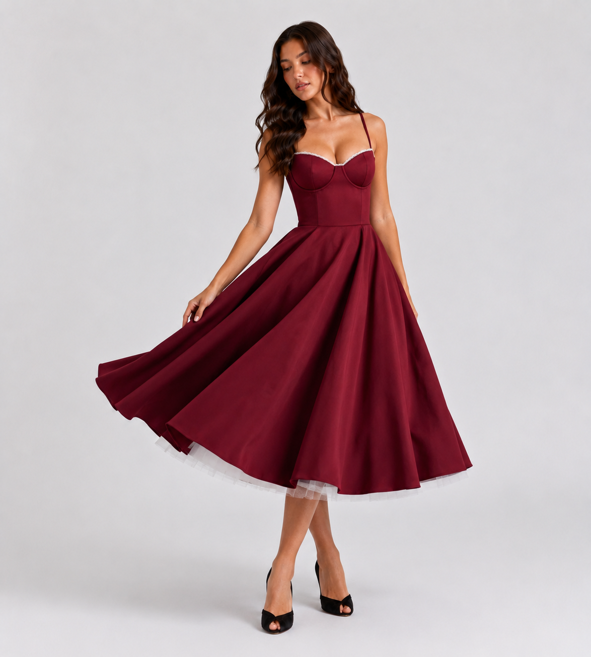 Odette Tulle Corset Midi Dress - Red