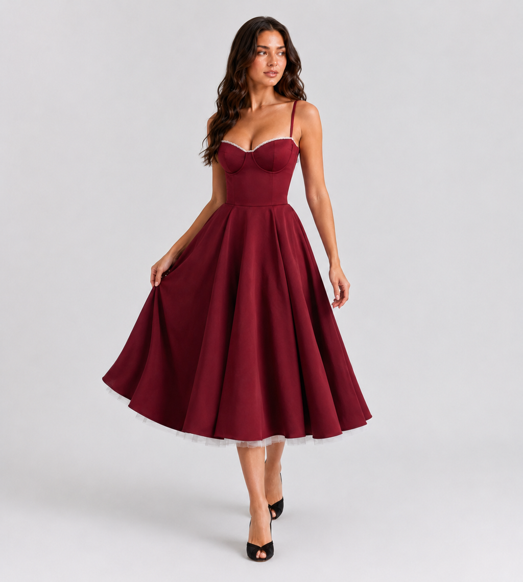 Odette Tulle Corset Midi Dress - Red