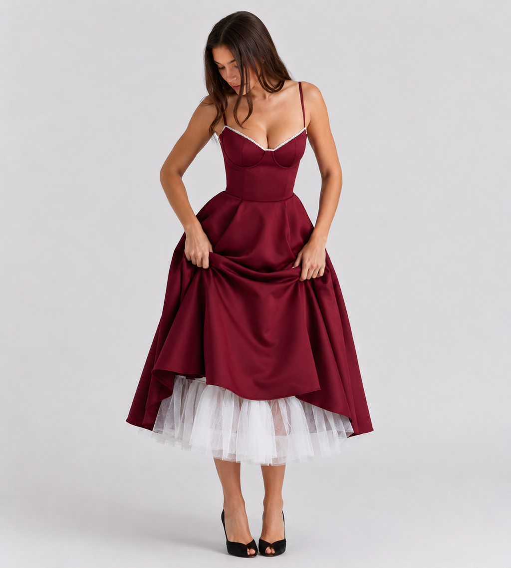 Odette Tulle Corset Midi Dress - Red