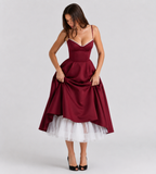 Odette Tulle Corset Midi Dress - Red