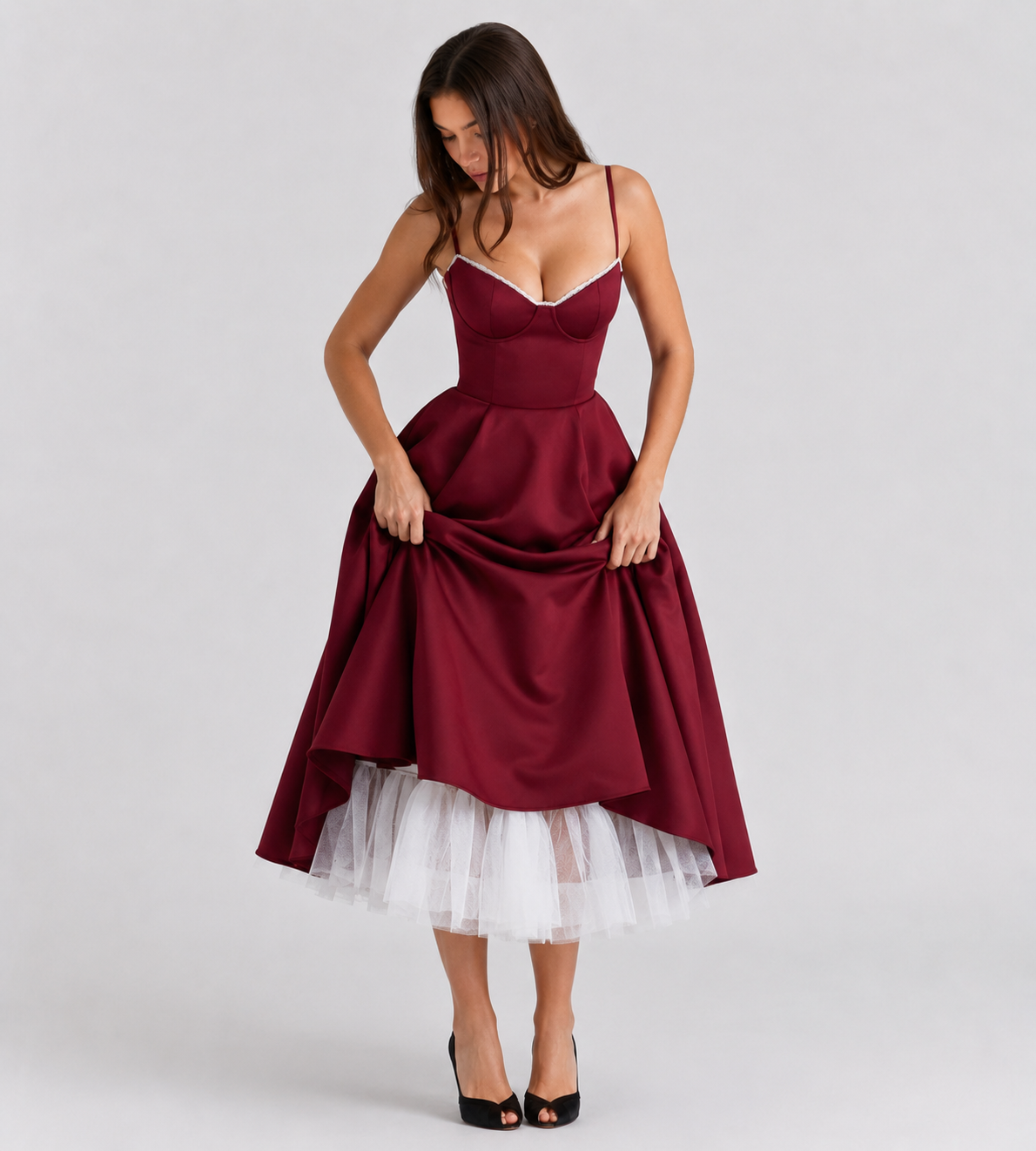 Odette Tulle Corset Midi Dress - Red