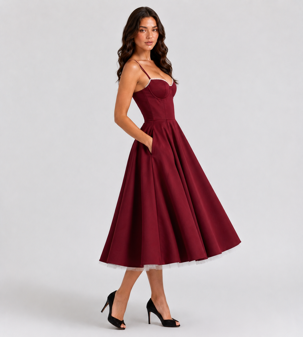 Odette Tulle Corset Midi Dress - Red