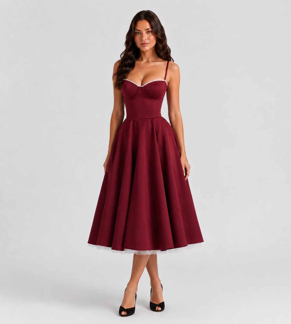 Odette Tulle Corset Midi Dress - Red
