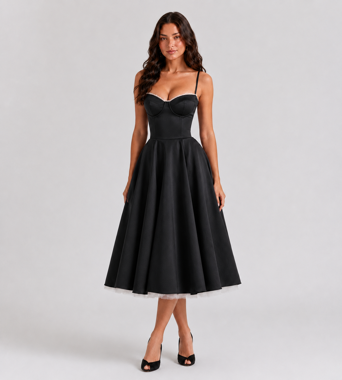 Odette Tulle Corset Midi Dress - Black