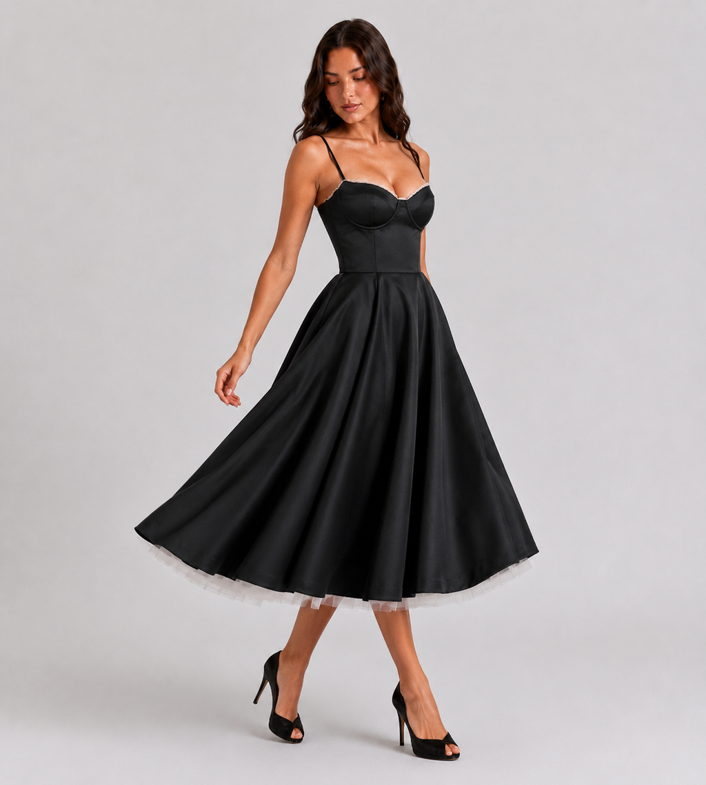 Odette Tulle Corset Midi Dress - Black