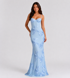 Fiora Floral Appliqué Corset Maxi Dress - Blue