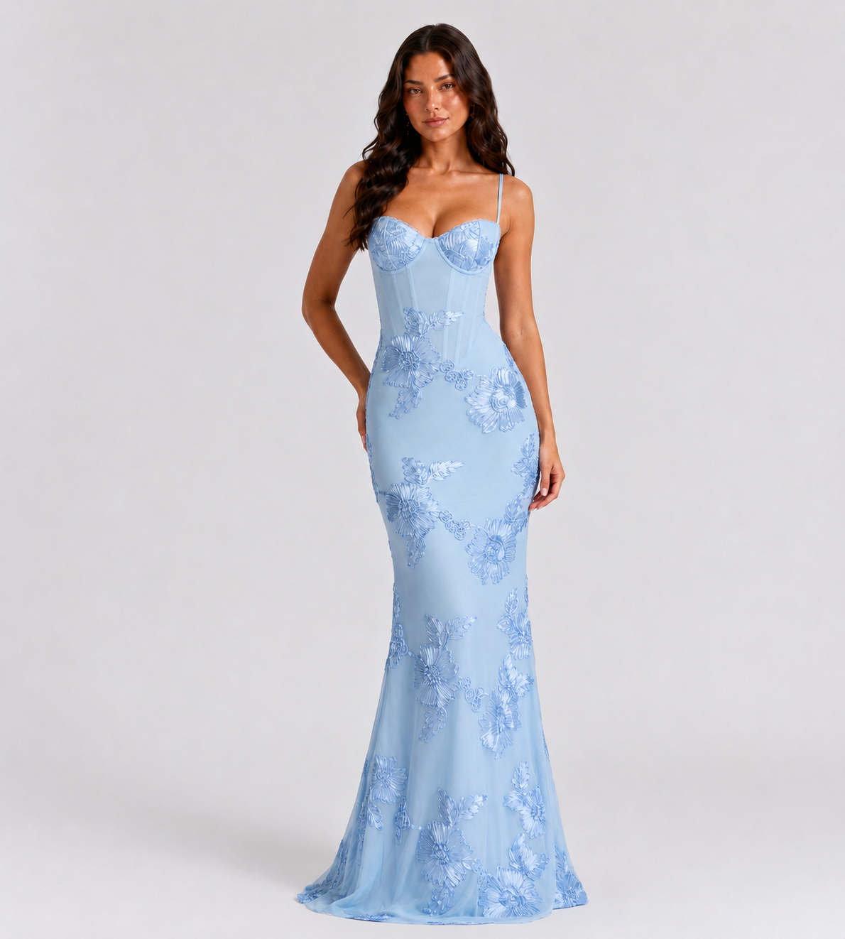 Fiora Floral Appliqué Corset Maxi Dress - Blue